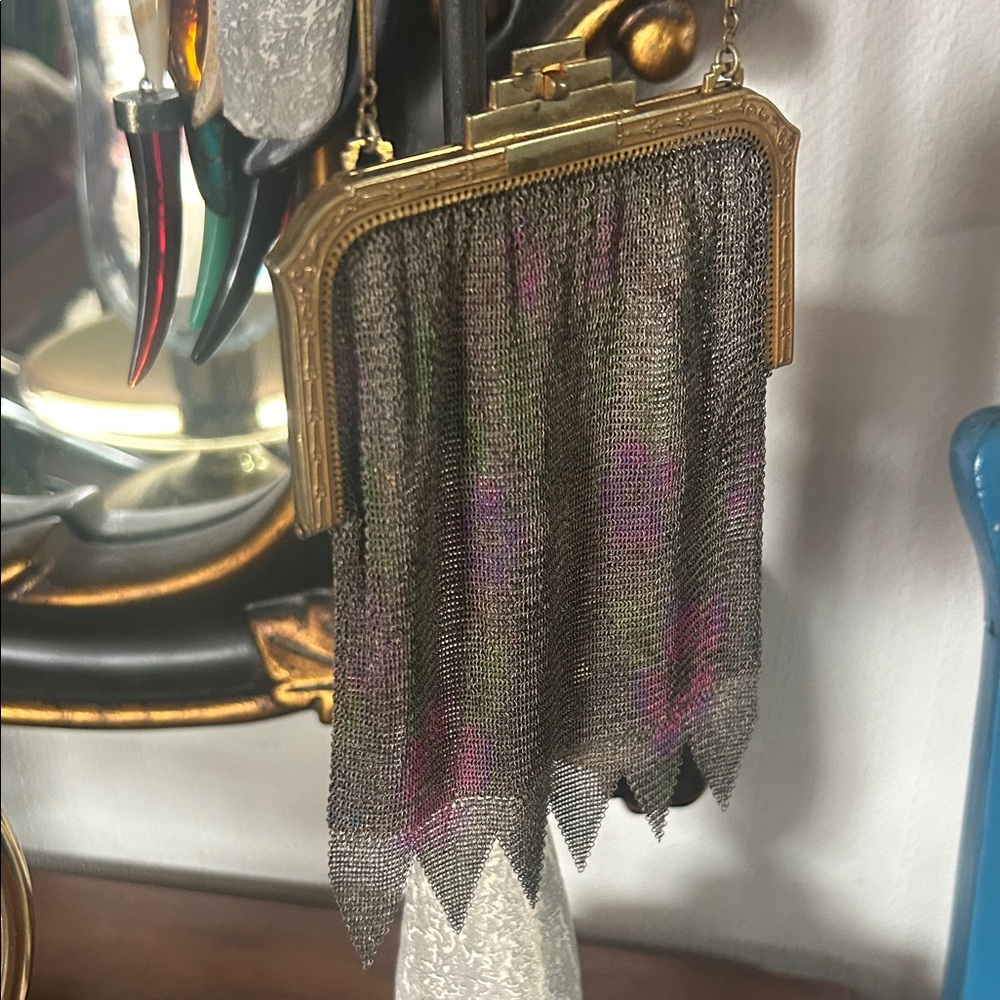 Antique Art Deco Dresden Mesh Watercolor Floral Purse Handbag - Picture 5 of 15